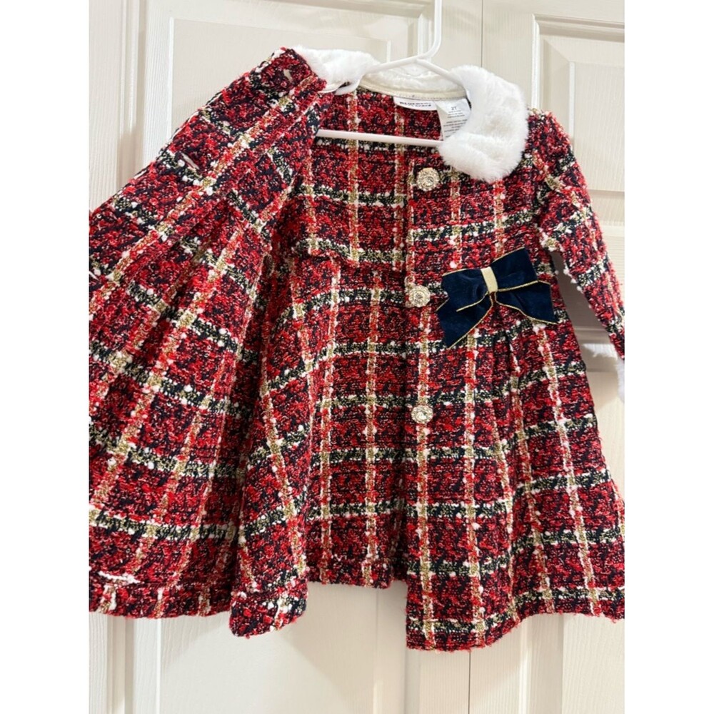 Blueberi Boulevard Red Plaid Tweed Dress Faux Fur Collar Bows 2T Holiday - Picture 7 of 11